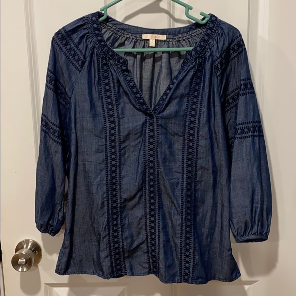 Skies Are Blue Embroidered Chambray Blouse